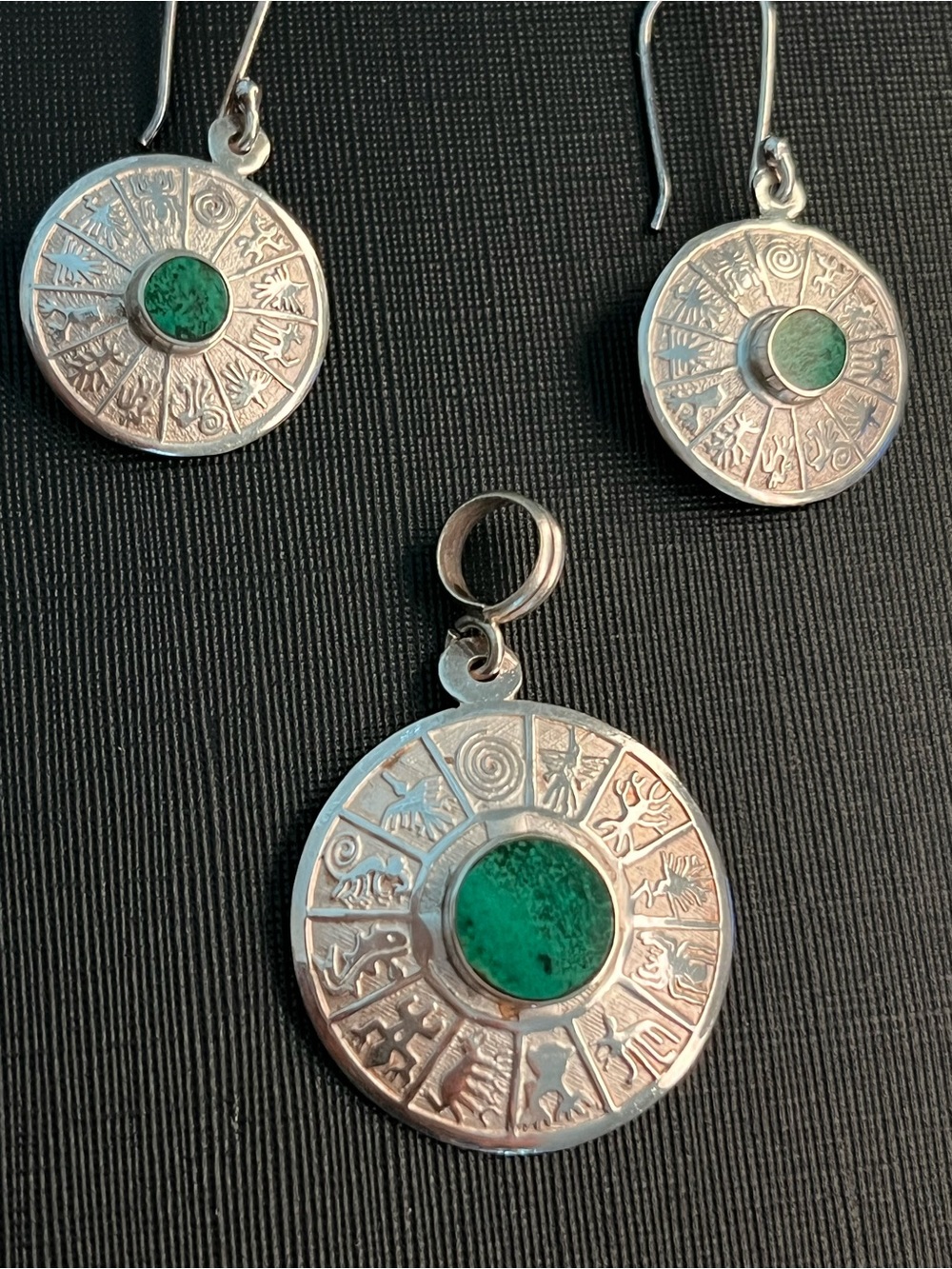 New Peruvian 950 Silver Nazca Lines Calendar Pendant Earrings Set 3pc